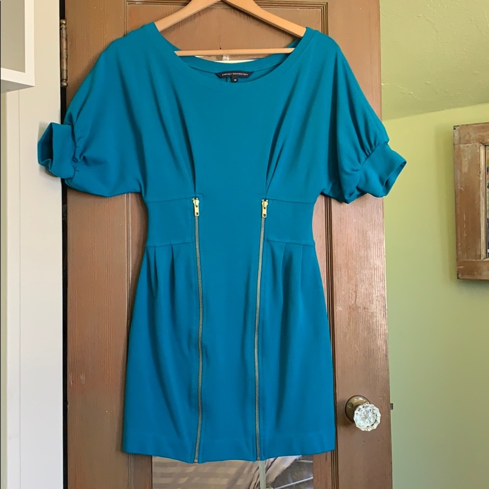 French Connection Teal Mini dress, zipper accents